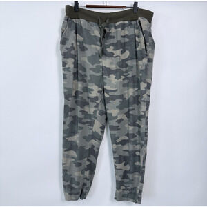 Lucky Brand Camo Linen Blend Jogger Pants Womens Size L Green Drawstring Pockets